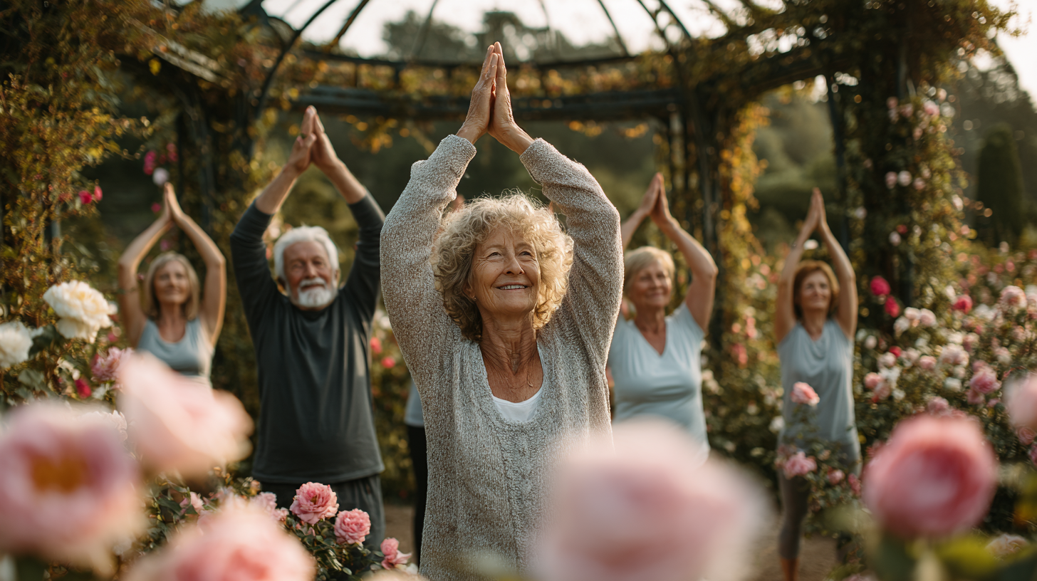 Persoane mature demonstrând flexibilitate și grație în posturi de yoga creative